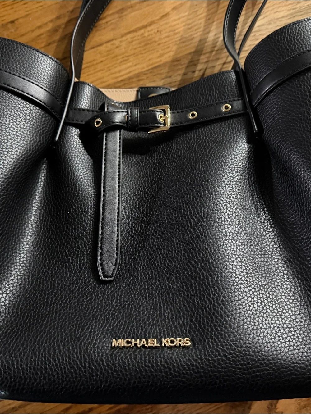 Michael Kors Black and Cream Pebbled Leather Tote with Belt Accent - Picture 3 of 5